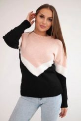 Sweter w geometryczne wzory pudrowy róż+czarny. Czarne swetry KESI, na zimę, l, bez wzorów, z wełny, klasyczne, plus size, bez ramiączek. Za 158.92 zł.