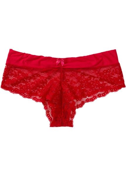 Figi panty z subtelnej koronki. Czerwone figi bonprix, bez wzorów, z bawełny. Za 42.99 zł.