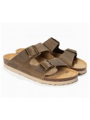Sunbay Skórzane klapki "Trefle" w kolorze khaki rozmiar: 41. Brązowe klapki Sunbay, bez wzorów, klasyczne, z otwartym noskiem, bez obcasa, bez zapięcia. Za 160.70 zł.