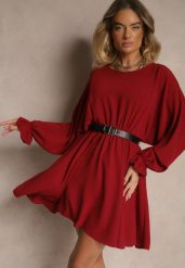 Bordowa Rozkloszowana Sukienka z Gumką w Talii i przy Mankietach Tesunela. Czerwone sukienki Renee, na co dzień, bez wzorów, eleganckie, bez kołnierzyka, bez ramiączek, mini, rozkloszowane. W wyprzedaży za 63.99 zł.