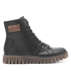 Botki Rieker. Czarne botki Rieker, bez wzorów, bez obcasa, na płaskiej podeszwie, bez zapięcia. Za 429.99 zł.