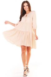 Sukienka Mini w Stylu Boho - Beżowa. Brązowe sukienki Awama, l, bez wzorów, z elastanu, boho, bez kołnierzyka, bez ramiączek, mini, rozkloszowane. Za 241.90 zł.