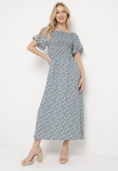 Niebieska Bawełniana Sukienka w Kwiatki z Hiszpańskim Elastycznym Dekoltem Bleriama. Niebieskie sukienki Born2be, na randkę, l, bez wzorów, z bawełny, eleganckie, bez kołnierzyka, bez ramiączek, maxi. W wyprzedaży za 38.24 zł.