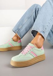 Jasnozielone Sneakersy Kultowe Tenisówki na Grubej Podeszwie Gonelis. Zielone trampki Renee, bez wzorów, z jeansu, bez zapięcia. W wyprzedaży za 75.99 zł.