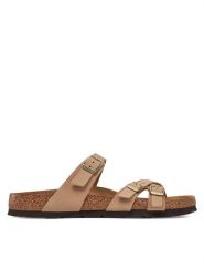 Birkenstock Klapki Franca Sfb 1022973 Beżowy. Brązowe klapki Birkenstock, bez wzorów, z nubiku, bez obcasa, bez zapięcia. Za 599.99 zł.