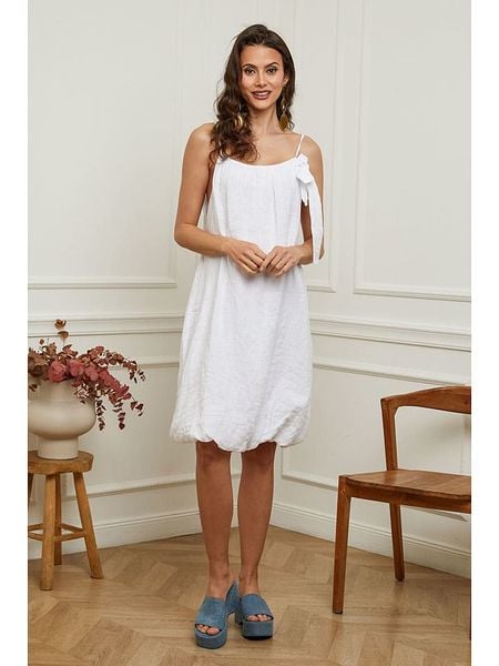 Plume Lniana sukienka "Caspar" w kolorze białym rozmiar: M. Białe sukienki Plume, m, bez wzorów, ze lnu, bez kołnierzyka, bez ramiączek, midi, bombki. Za 219.60 zł.