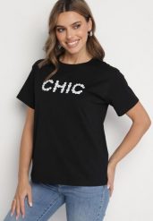 Czarny T-shirt Bawełniany z Napisem i Perełkami Nalinor. Czarne t-shirty Born2be, m, bez wzorów, z bawełny, eleganckie, bez kołnierzyka, bez ramiączek. Za 49.99 zł.