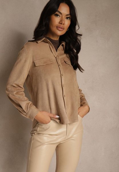 Beżowa Koszula z Imitacji Zamszu z Klapami Retilda. Brązowe koszule Renee, m, bez wzorów, z jeansu, eleganckie, bez kołnierzyka, bez ramiączek. Za 139.99 zł.