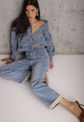 Niebieskie Jeansy z Bawełną i Koronką przy Nogawkach Neathlin. Niebieskie jeansy Renee, l, z aplikacjami, z bawełny, biznesowe, z podwyższonym stanem. Za 119.99 zł.