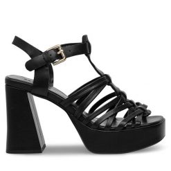 Sandały Badura. Czarne sandały Badura, bez wzorów, bez obcasa, na słupku, bez zapięcia. Za 299.99 zł.