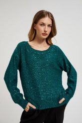 Sweter z cekinami i okrągłym dekoltem zielony. Zielone swetry MOODO, l, bez wzorów, z elastanu, bez ramiączek. W wyprzedaży za 55.99 zł.