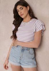 Fioletowo-Biała Pasiasta Bluzka z Prążkowanej Wiskozy z Dwuwarstwowymi Rękawami Lisete. Białe bluzki Renee, bez wzorów, prążkowane, bez kołnierzyka, bez ramiączek. Za 69.99 zł.