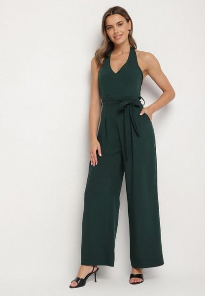 Ciemnozielony Taliowany Kombinezon z Paskiem Wiązaniem i Odkrytymi Plecami Malurea. Zielone sukienki Born2be, na imprezę, l, bez wzorów, z jeansu, eleganckie, bez kołnierzyka, bez ramiączek. Za 119.99 zł.