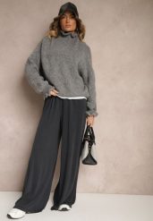Granatowe Szerokie Spodnie High Waist z Gumką w Talii Dimoris. Niebieskie jeansy Renee, l, bez wzorów, z jeansu, eleganckie, z podwyższonym stanem. W wyprzedaży za 83.99 zł.