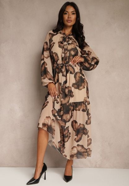 Ciemnobeżowa Sukienka o Pudełkowym Kroju w Kwiatowy Wzór Ozdobiona Paskiem Acexia. Brązowe sukienki Renee, do pracy, l, z aplikacjami, biznesowe, bez kołnierzyka, bez ramiączek, maxi. Za 129.99 zł.