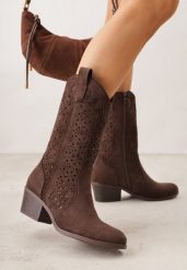 Brązowe Botki Kowbojki na Słupku z Ażurową Cholewką Ravsemi. Brązowe botki Renee, z aplikacjami, z jeansu, bez obcasa, na obcasie, bez zapięcia. Za 149.99 zł.
