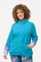 Damskie Bluza dresowa ozdobna lamówka stójka kieszeń kangurka. Niebieskie bluzy Ulla Popken, plus size, bez wzorów, z bawełny, bez ramiączek, bez kaptura. Za 349.99 zł.