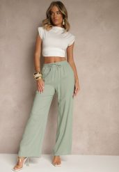 Zielone Spodnie z Lnem o Szerokim Kroju z Gumką w Talii Filarive. Zielone jeansy Renee, na lato, l, bez wzorów, z jeansu, eleganckie. W wyprzedaży za 63.99 zł.