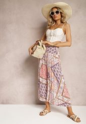 Różowe Szerokie Spodnie Culottes z Mozaikowym Wzorem i Gumką w Pasie Mizina. Czerwone jeansy Renee, na lato, l, bez wzorów, z jeansu, boho. W wyprzedaży za 39.99 zł.