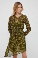 Sisley sukienka kolor zielony mini rozkloszowana. Zielone sukienki Sisley, bez wzorów, z materiału, z asymetrycznym kołnierzem, bez ramiączek, mini, asymetryczne. Za 539.99 zł.