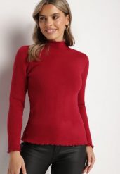 Bordowy Sweter z Wełną i Ozdobną Falbanką przy Dekolcie Seanoria. Czerwone swetry Born2be, l, z aplikacjami, z jeansu, eleganckie, bez ramiączek. W wyprzedaży za 76.49 zł.