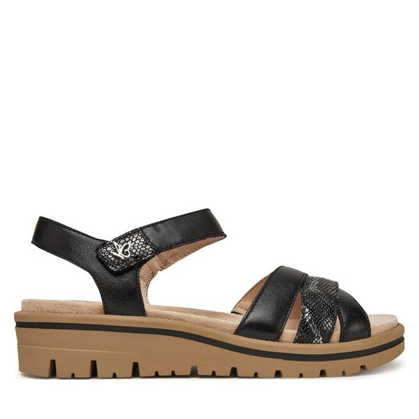 Sandały Caprice. Czarne sandały Caprice, bez wzorów, bez obcasa, na koturnie, bez zapięcia. Za 219.99 zł.