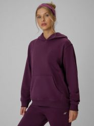 4F Bluza dresowa relaxed z kapturem damska - fioletowa M. Fioletowe bluzy 4f, l, bez wzorów, z bawełny, klasyczne, bez ramiączek, z kapturem. Za 149.99 zł.