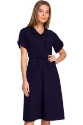 Sukienka koszulowa trapezowa granatowa szmizjerka z wiązaniem. Sukienki Sukienki.shop, do pracy, xxl, bez wzorów, biznesowe, bez kołnierzyka, bez ramiączek, koszulowe. Za 189.00 zł.