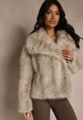 Beżowa Kurtka Futerko Ozdobione Cieniowanym Motywem Monideva. Brązowe kurtki Renee, na wiosnę, l, bez wzorów, z futra, eleganckie, bez kaptura. Za 239.99 zł.