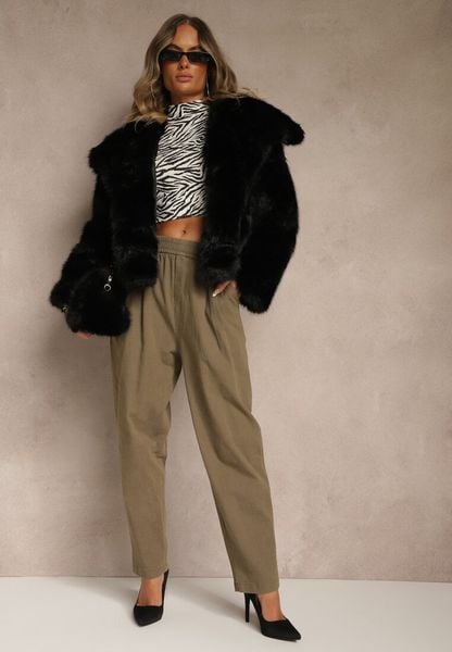 Ciemnozielone Spodnie High Waist z Bawełny o Szerokim Kroju Nalitia. Zielone jeansy Renee, m, bez wzorów, z bawełny, z podwyższonym stanem. Za 49.99 zł.