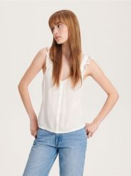 Bluzka na ramiączkach z falbaną - biały. Białe bluzki Reserved, l, bez wzorów, z wiskozy, bez kołnierzyka, bez ramiączek. W wyprzedaży za 49.99 zł.