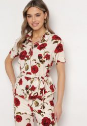 Beżowo-Bordowa Koszula w Kwiaty z Wiązaniem w Talii Bromelia. Brązowe koszule Born2be, l, bez wzorów, bez kołnierzyka, bez ramiączek. Za 129.99 zł.