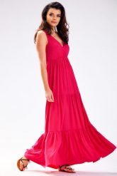 Letnia Wiskozowa Sukienka Maxi z Falbankami - Fuksja. Czerwone sukienki Awama, l, bez wzorów, z elastanu, wizytowe, bez kołnierzyka, bez ramiączek, maxi. Za 309.90 zł.