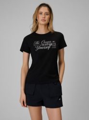 4F T-shirt regular z nadrukiem damski - czarny XS. Czarne t-shirty 4f, xs, bez wzorów, z bawełny, biznesowe, bez kołnierzyka, bez ramiączek. Za 59.99 zł.