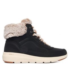 Trzewiki Skechers. Czarne botki Skechers, bez wzorów, bez obcasa, na płaskiej podeszwie, bez zapięcia. Za 289.99 zł.