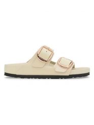 Birkenstock Skórzane klapki "Arizona" w kolorze kremowym rozmiar: 37. Brązowe klapki Birkenstock, bez wzorów, z lakierowanej skóry, klasyczne, z otwartym noskiem, bez obcasa, bez zapięcia. Za 876.46 zł.