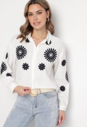 Biała Bawełniana Koszula z Haftowanym Motywem Nanaria. Białe koszule Born2be, l, bez wzorów, z bawełny, bez kołnierzyka, bez ramiączek. Za 139.99 zł.