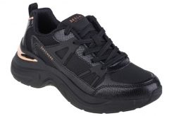 Buty sportowe Sneakersy damskie, Skechers Hazel-Faye. Czarne buty treningowe Skechers, bez wzorów, z materiału, przed kostkę, bez zapięcia, trekkingowe. Za 329.99 zł.