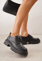 Czarne Eleganckie Półbuty Oksfordki VICES ze Sznurowaniem i Platformą Anatala. Czarne półbuty wsuwane Renee, bez wzorów, z jeansu, eleganckie, bez obcasa, na platformie. Za 89.99 zł.