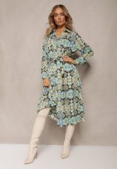 Niebieska Koszulowa Sukienka Midi w Fantazyjny Print z Paskiem Biuve. Niebieskie sukienki Renee, l, bez wzorów, z materiału, eleganckie, bez kołnierzyka, bez ramiączek, midi, koszulowe. W wyprzedaży za 104.99 zł.