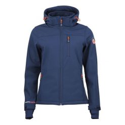 Kurtka damska softshell z kapturem Peak Mountain Aclaude. Niebieskie kurtki przejściowe sportowe Peak Mountain, bez wzorów, z softshellu, z kapturem, trekkingowe. W wyprzedaży za 290.00 zł.