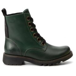 Trzewiki Fly London. Zielone botki Fly London, bez wzorów, bez obcasa, na płaskiej podeszwie, bez zapięcia. Za 459.99 zł.