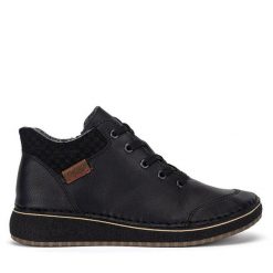Botki Rieker. Czarne botki Rieker, bez wzorów, bez obcasa, na płaskiej podeszwie, bez zapięcia. Za 279.99 zł.