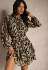 Brązowa Sukienka o Rozkloszowanym Kroju ze Stójką Gumką i Falbanami w Wężowy Wzór Mintinna. Brązowe sukienki Renee, na co dzień, l, bez wzorów, eleganckie, bez kołnierzyka, bez ramiączek, mini, proste. W wyprzedaży za 135.99 zł.