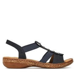 Sandały Rieker. Niebieskie sandały Rieker, bez wzorów, bez obcasa, na płaskiej podeszwie, bez zapięcia. Za 299.99 zł.