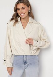 Beżowa Krótka Kurtka z Zakładką i Kołnierzykiem w Stylu Trencza Exlla. Brązowe kurtki Born2be, l, bez wzorów, z jeansu, eleganckie, bez kaptura. W wyprzedaży za 132.99 zł.