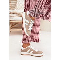 Buty Sportowe Sneakersy Damskie Z Eko Skóry Ciemnobeżowe beżowy. Brązowe buty treningowe bez wzorów, ze skóry, bez zapięcia. Za 130.10 zł.