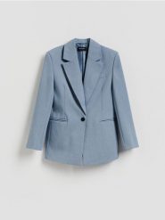 Jednorzędowa marynarka - niebieski. Niebieskie marynarki i żakiety Reserved, l, bez wzorów, z tkaniny, bez ramiączek. Za 229.99 zł.