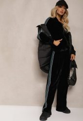 Czarny Welurowy Komplet Dresowy z Bluzą i Spodniami Zdobionymi Lampasem Linvella. Czarne bluzy Renee, l, z aplikacjami, z dresówki, sportowe, bez ramiączek, bez kaptura. Za 99.99 zł.