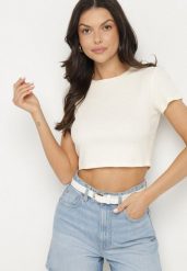 Beżowy Bawełniany Prążkowany T-shirt Nelzedi. Brązowe t-shirty Born2be, m, bez wzorów, z bawełny, eleganckie, bez kołnierzyka, bez ramiączek. Za 39.99 zł.